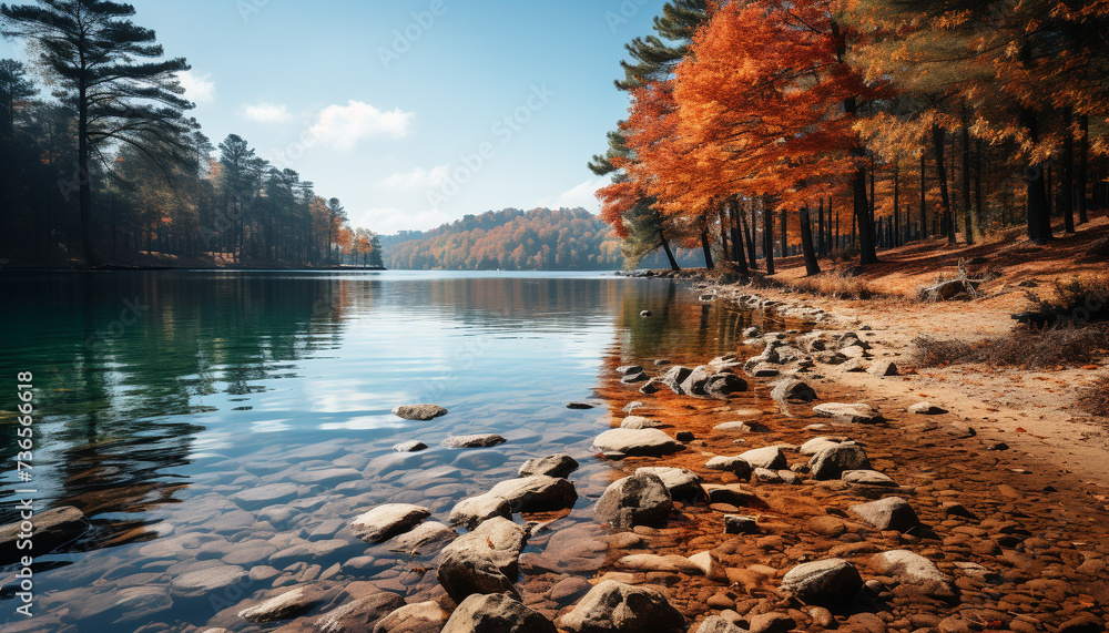 Obraz premium Tranquil scene autumn forest reflects vibrant colors in tranquil pond generated by AI