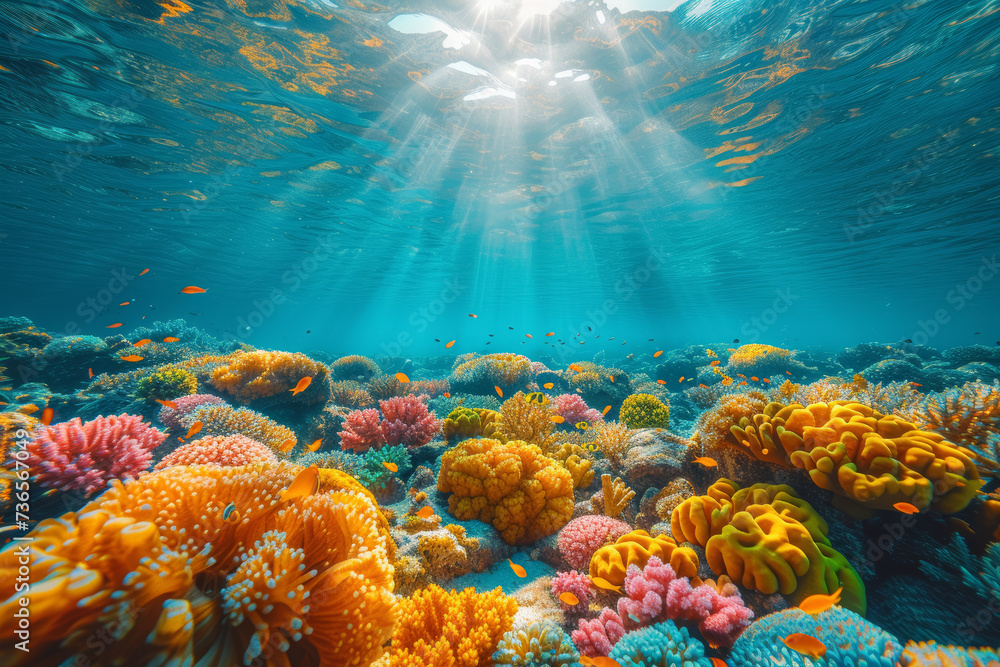 Fototapeta premium A series of shots capturing the vibrant colors of a coral reef and diverse marine life during a snorkeling expedition, showcasing wonders of underwater exploration. Generative Ai.