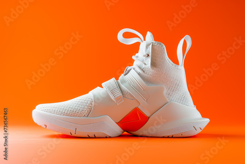 basketball shoe with a white color and a sneaker shape and a sport overlay on the foot photo