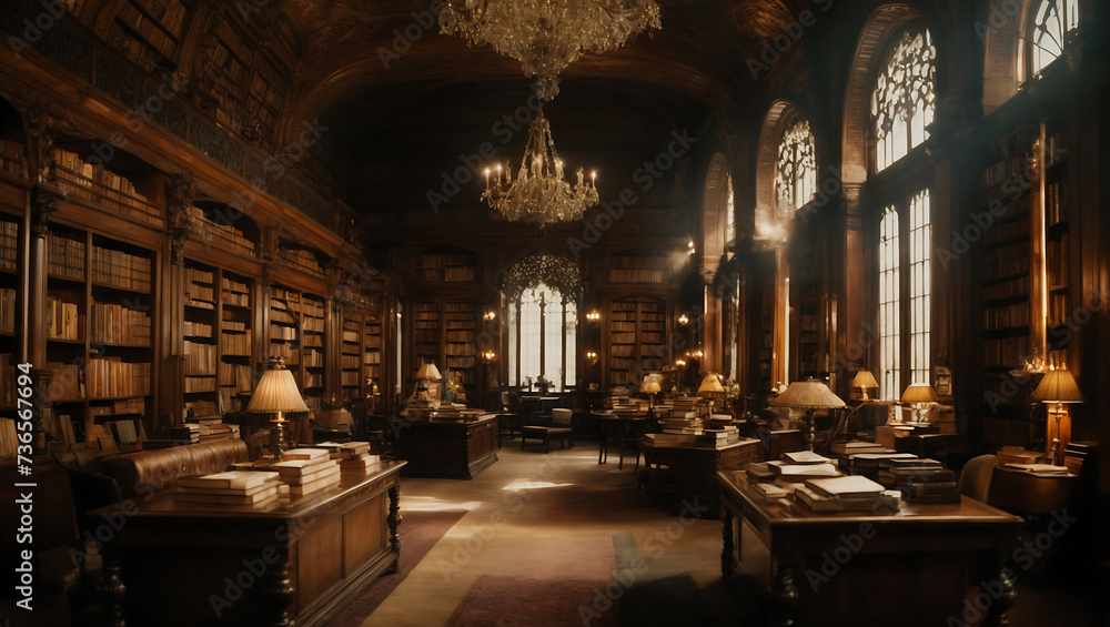 Majestatyczna biblioteka w ciepłych barwach domowego wnętrza - obrazy, fototapety, plakaty 