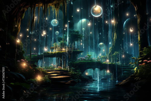 An image of a mystical waterfall surrounded by floating, glowing orbs, creating an atmosphere of enchantment and magic in the heart of nature. Concept of cascading luminescence. Generative Ai.