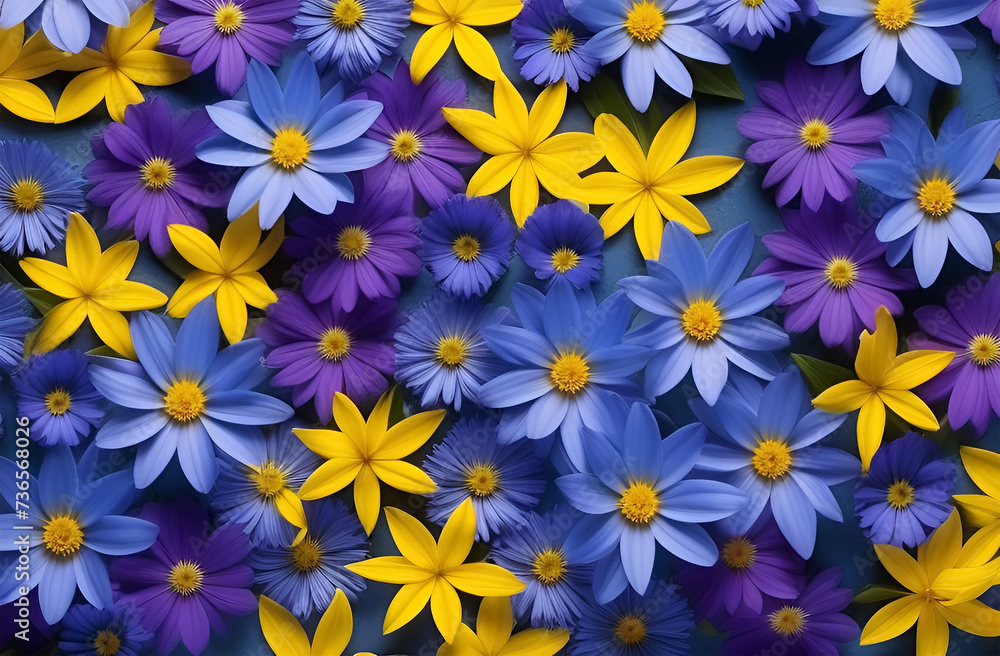 Colorful flowers background. Top view. Flat lay. Nature.