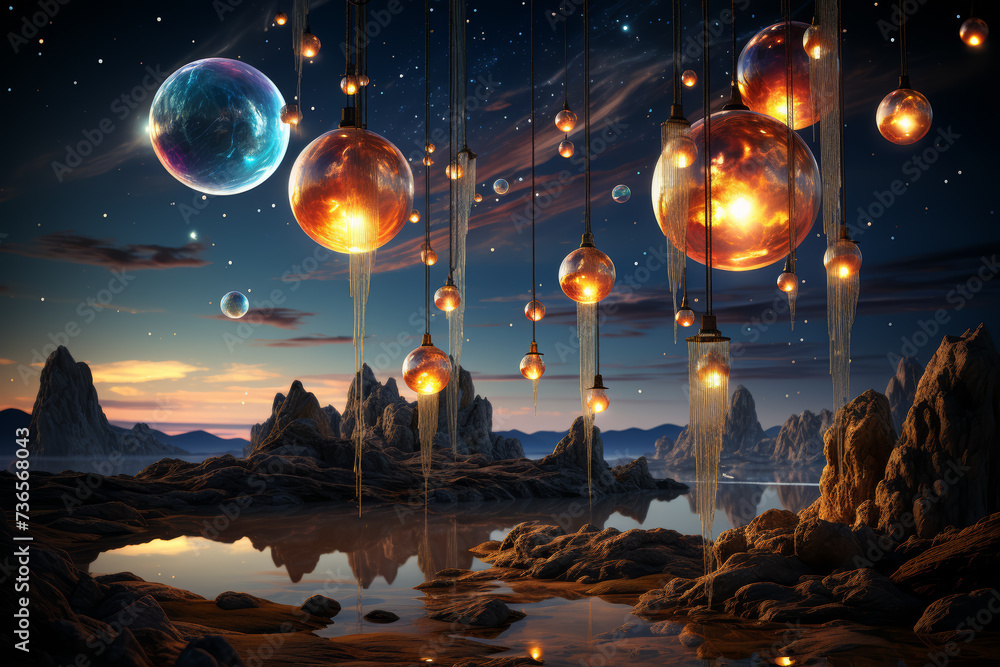 A dreamy, celestial scene where planets hang in the sky like oversized lanterns, casting a soft glow on a serene landscape below. Concept of cosmic dreamscapes. Generative Ai.