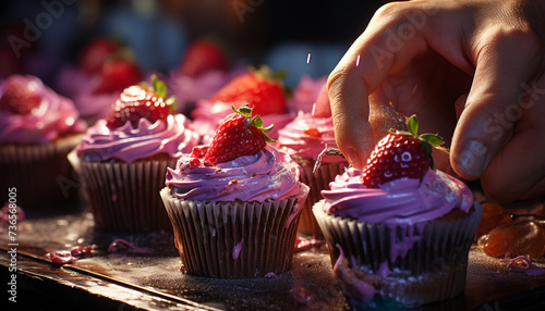 A homemade gourmet cupcake with fresh strawberry icing and decoration generated by AI
