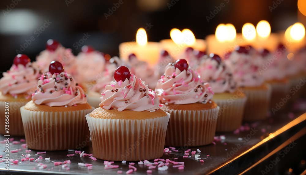 Cupcake dessert, sweet food, candle, icing, baked, celebration gourmet birthday generated by AI