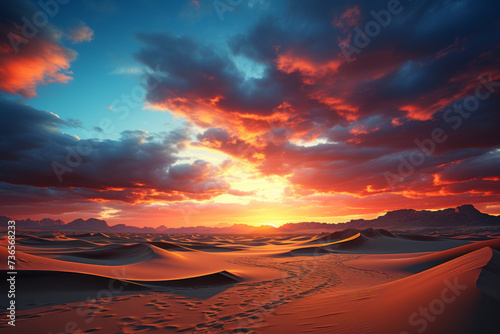 A dream-like desert at sunset, with sand dunes resembling giant pillows, and the sky ablaze with the colors of a fantastical, otherworldly sunset. Concept of whimsical desert sunset. Generative Ai.