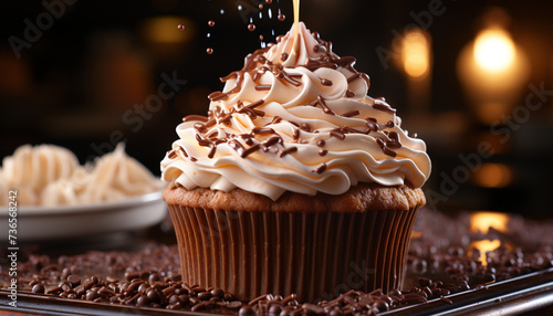 Freshly baked chocolate cupcake with creamy icing and decorative sprinkles generated by AI