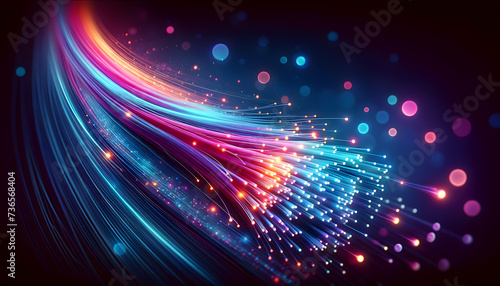 Fiber optic cable. Multicolored data streams through optical fiber. High-speed communication and data transmission.