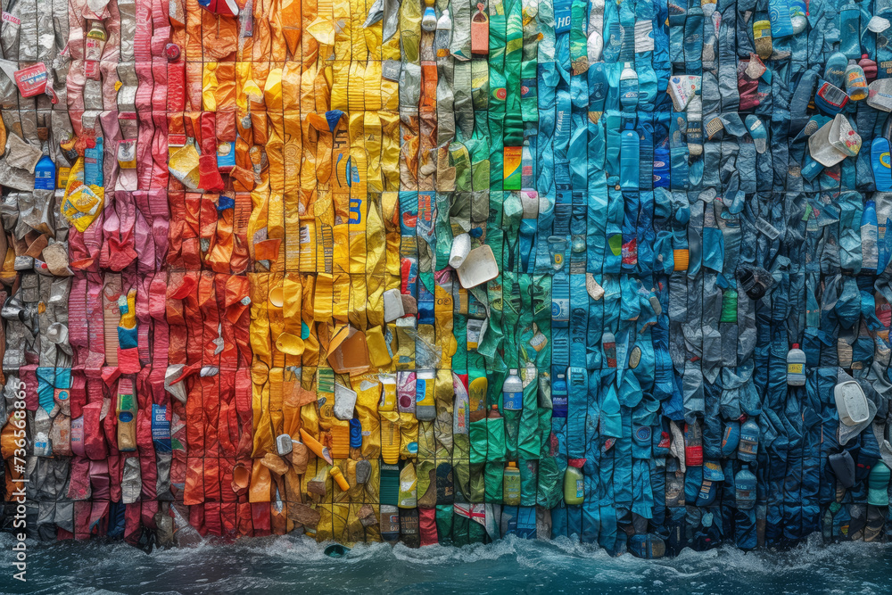 A visually striking collage of recycled materials transformed into innovative art installations, emphasizing the creativity and beauty that can emerge from waste reduction. Generative Ai.