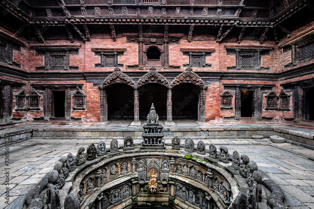 carved stone fountain at durbar square, kathmandu