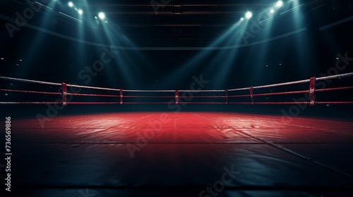 Boxing ring with  ropes in a dark room with lights. © Dina