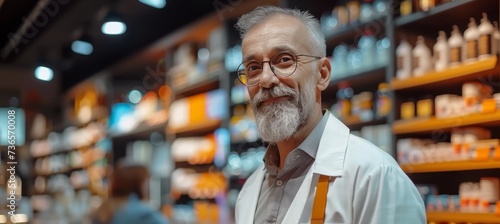 Experienced male pharmacist in modern store, standing with glasses, blurred backdrop, copy space
