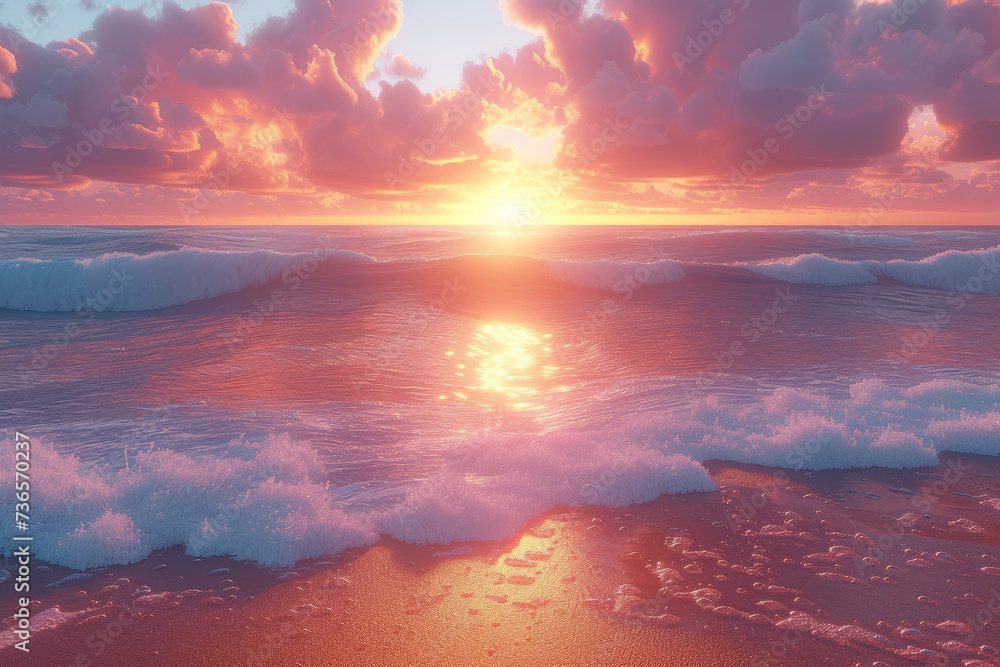 A virtual reality relaxation app that simulates a peaceful evening by the beach, complete with the sound of waves and a beautiful sunset. Concept of VR beach relaxation. Generative Ai.