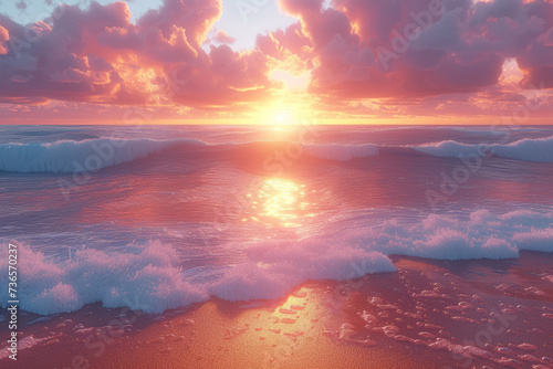 A virtual reality relaxation app that simulates a peaceful evening by the beach  complete with the sound of waves and a beautiful sunset. Concept of VR beach relaxation. Generative Ai.