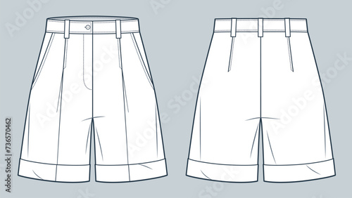 Cuff Shorts technical fashion illustration. Short Pants fashion flat technical drawing template, high waist, pockets, front and back view, white, women, men, unisex CAD mockup. photo
