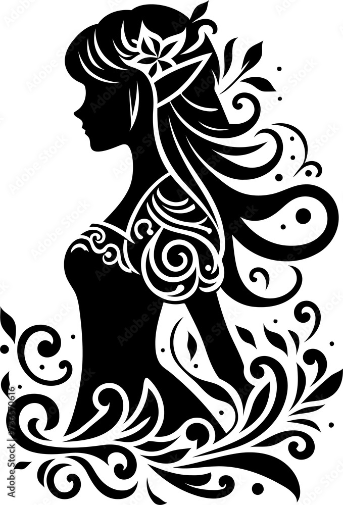 elf girl beauty silhouette, flowers ornament decoration, floral vector design. 