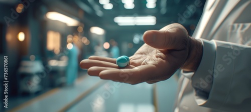 Doctor giving blue pills to man s hand in hospital with copy space, medical treatment concept