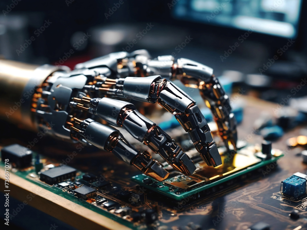 Fototapeta premium Robotic hand making computer parts, artificial intelligence assembling mother board, micro chip, technology concept, background, wallpaper