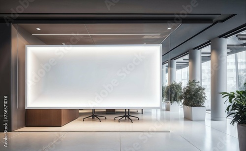 corporate branding identity logo display white blank frame mockup with modern business offices reception background as banner with copy space area mock up photo