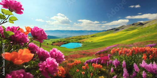Mountains landscape spring scenery, flowers and lake under blue sky, wallpaper, seasonal background, template
