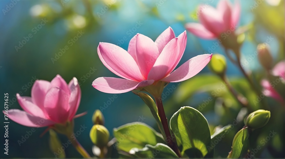 Fototapeta premium beautiful pink magenta isolated flowers, spring template, seasonal background, wallpaper, banner with copy space area