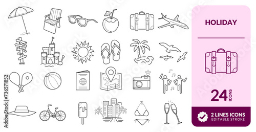 HOLIDAY LINE EDITABLE ICONS SET.
ELEMENTS TO ILLUSTRATE THEMES OF HOLIDAYS, BEACH, LEISURE DAY, FUN, ENTERTAINMENT, ACCESSORIES AND OTHERS.
PIXEL PERFECT. EDITABLE LINE