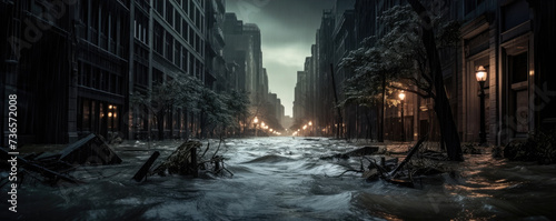 Extreme rainfall in dark city. Flood with high water disaster. climate theme
