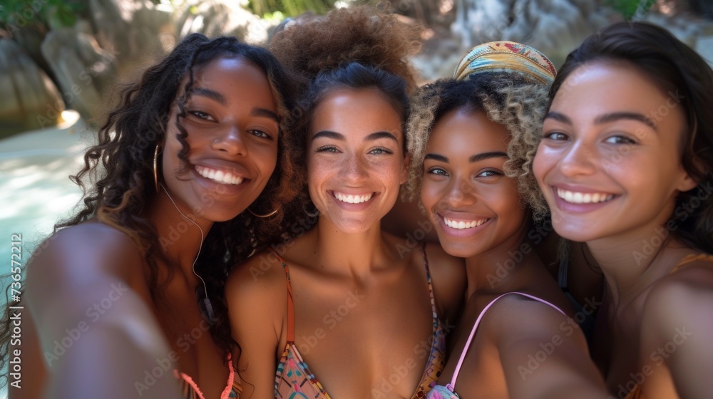 Portrait of a group of four friends smiling at the camera in a swimsuit. Portrait of a group of four friends smiling at the camera in a swimsuit.