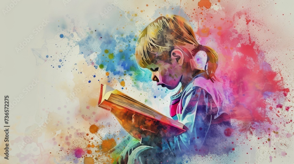 A child sits reading on a colorful paint splash, blending art and education in a vibrant composition. Ideal for themes on creativity, learning, and childhood. - obrazy, fototapety, plakaty 