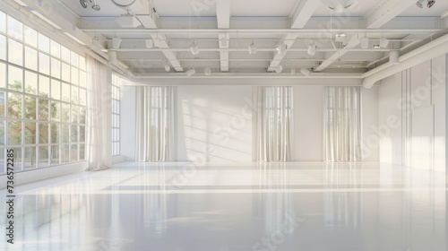Spacious, white-walled studio with multiple windows and winter landscape outside. Perfect for venue, dance studio, or gallery concepts.