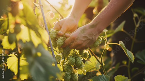 Close up shot of an young successful farmer is collecting directly from plants biological raw hop flowers used for high quality beer production in ecological craft brewery