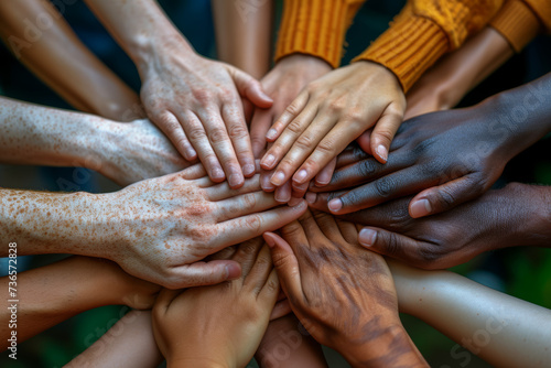 A close-up of a diverse group of people joining hands, emphasizing unity and diversity. Concept of social cohesion. Generative Ai.