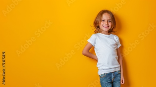 Joyful child smiling against a yellow background, perfect for children's fashion and educational content.