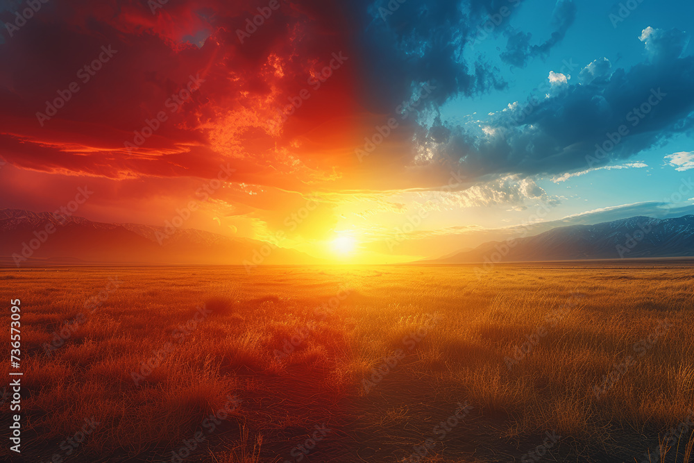 Obraz premium A photo diptych showcasing a vibrant sunrise on one side and a dramatic sunset on the other. Concept of the passage of time. Generative Ai.