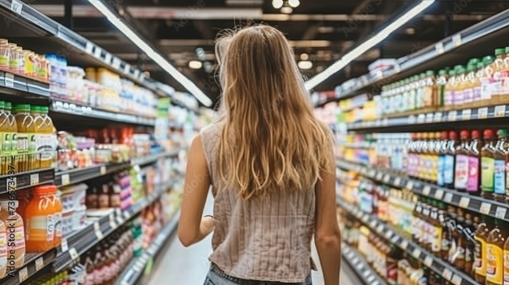 Beautiful woman shopping for fresh produce in a bright and modern supermarket aisle