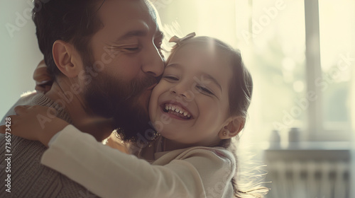 Portrait of a smiling loving Dad kissing a Happy child on the couch