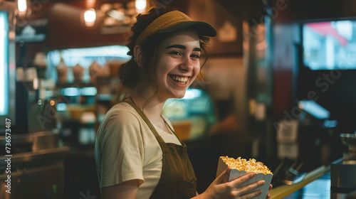 A young Woman working in the cafeteria of a movie theater falls holding a box of Popcorn to customers. photo