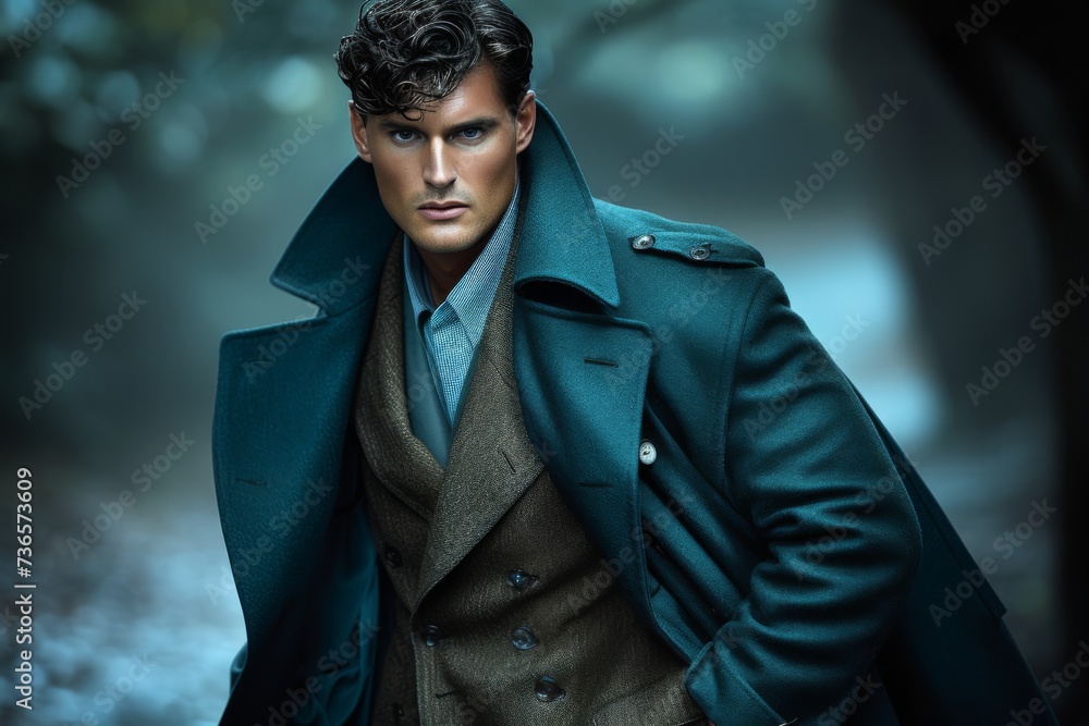 Mysterious man spy, gangster, agent, in rain and fog in a jacket, hat and cloak old fashioned