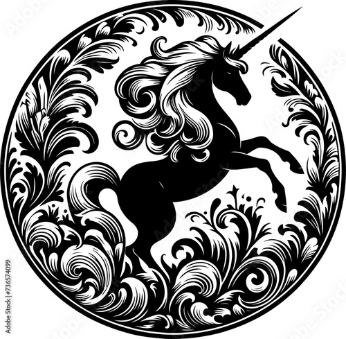 horse, unicorn Pegasus silhouette flowers ornament decoration, floral vector design
