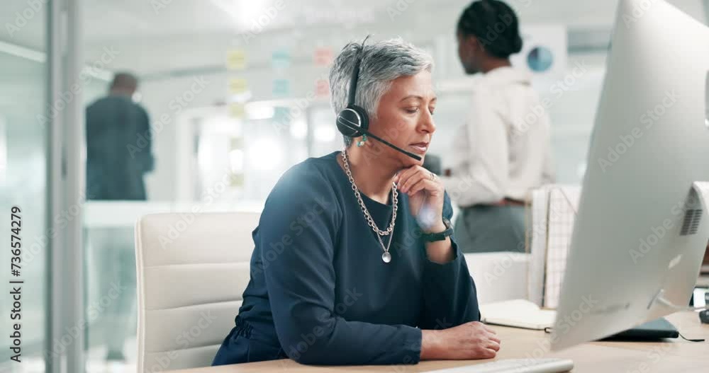 Call center, thinking and business woman on computer, stress or doubt for customer service support. Telemarketing, confused or mature sales consultant frustrated with error, glitch or problem solving Call center, thinking and business woman on computer, stress or doubt for customer service support. Telemarketing, confused or mature sales consultant frustrated with error, glitch or problem solving