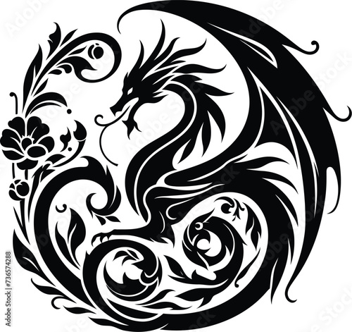 dragon silhouette flowers ornament decoration, floral vector design