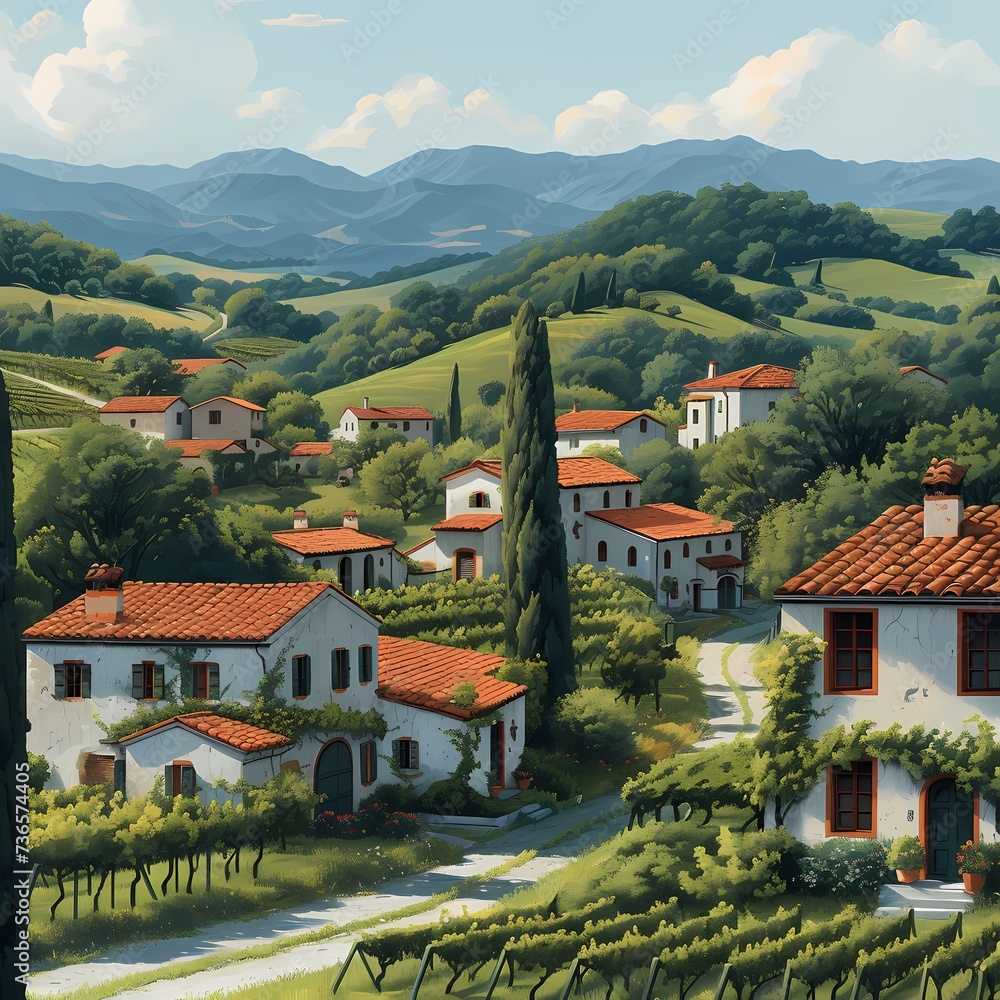 Idyllic Tuscan Landscape with Rolling Hills and Rustic Villas