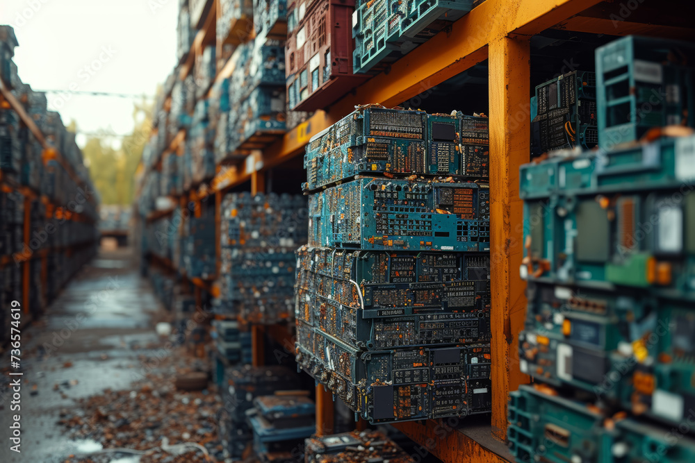 A behind-the-scenes look at a recycling plant efficiently processing electronic waste to extract valuable resources. Concept of e-waste management. Generative Ai. A behind-the-scenes look at a recycling plant efficiently processing electronic waste to extract valuable resources. Concept of e-waste management. Generative Ai.
