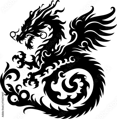 dragon silhouette flowers ornament decoration, floral vector design