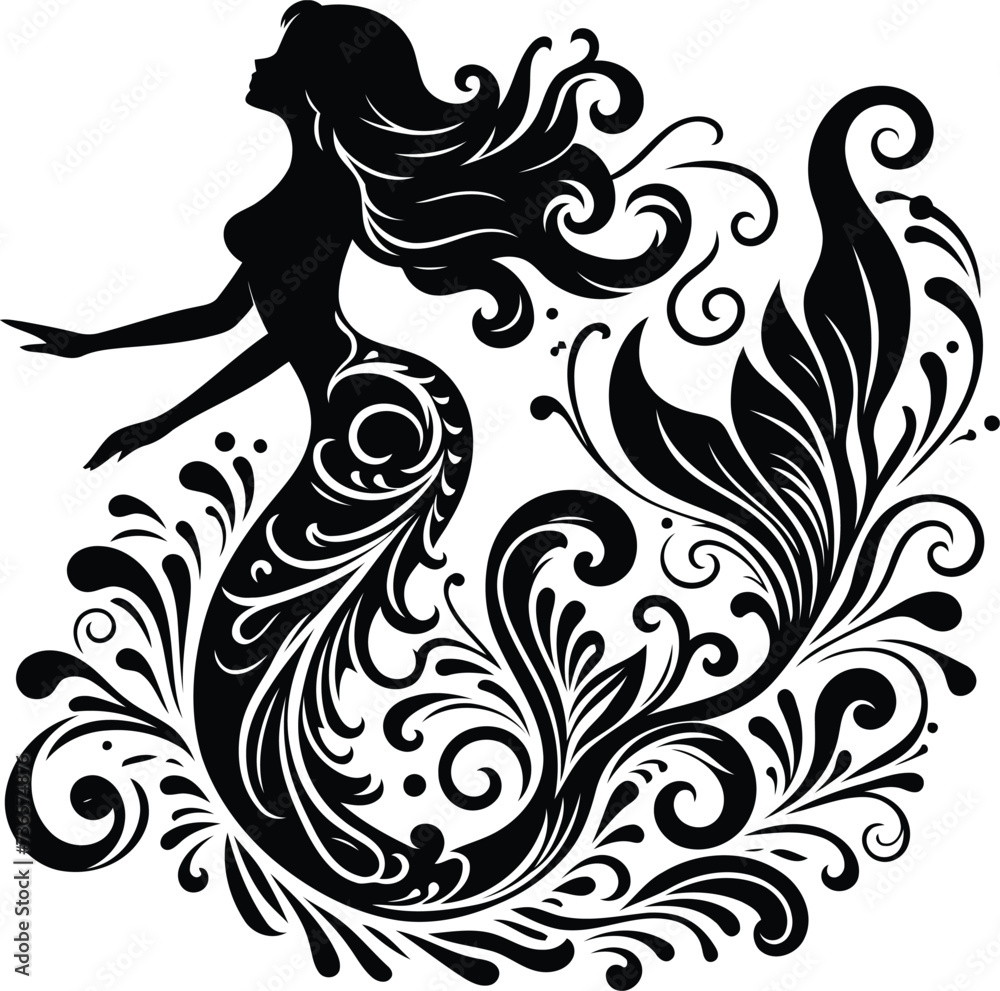 Fototapeta premium mermaid girl beauty silhouette, flowers ornament decoration, floral vector design. 