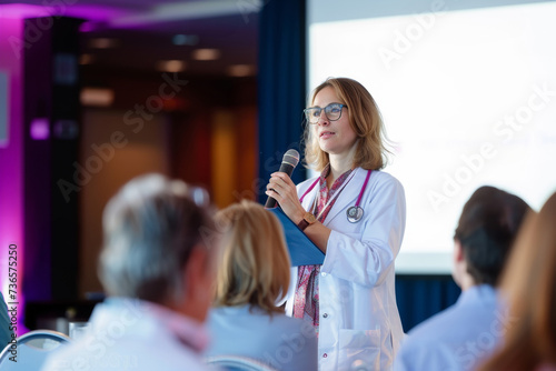 Female doctor as speaker at conference for healtcare workers, medical team sitting and listening presenter. Medical experts attending an education event, seminar in board room.
