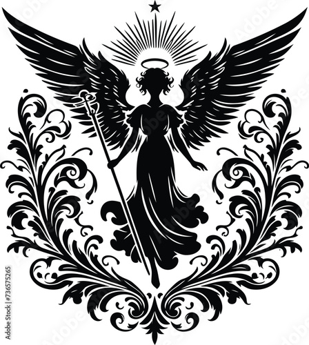 angel beauty silhouette, flowers ornament decoration, floral vector design. 