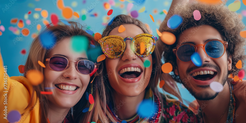 Summer Festival Fun with Confetti Joy. Group of ecstatic young people enjoying a summer party with colorful confetti Summer Festival Fun with Confetti Joy. Group of ecstatic young people enjoying a summer party with colorful confetti
