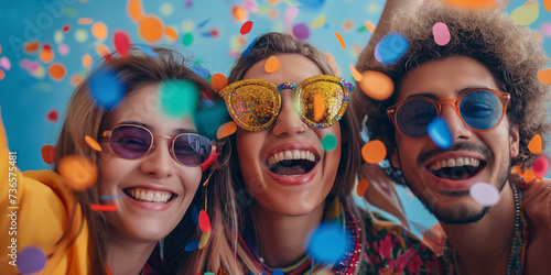 Summer Festival Fun with Confetti Joy. Group of ecstatic young people enjoying a summer party with colorful confetti