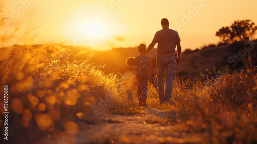 Adult and child walking hand in hand at sunset on a country path.